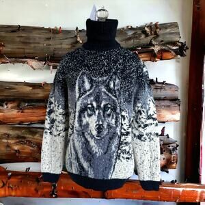 Pulltonic Womens Sweater Sz L Wolf Blue Eyes Navy Trim NEW Cashmere